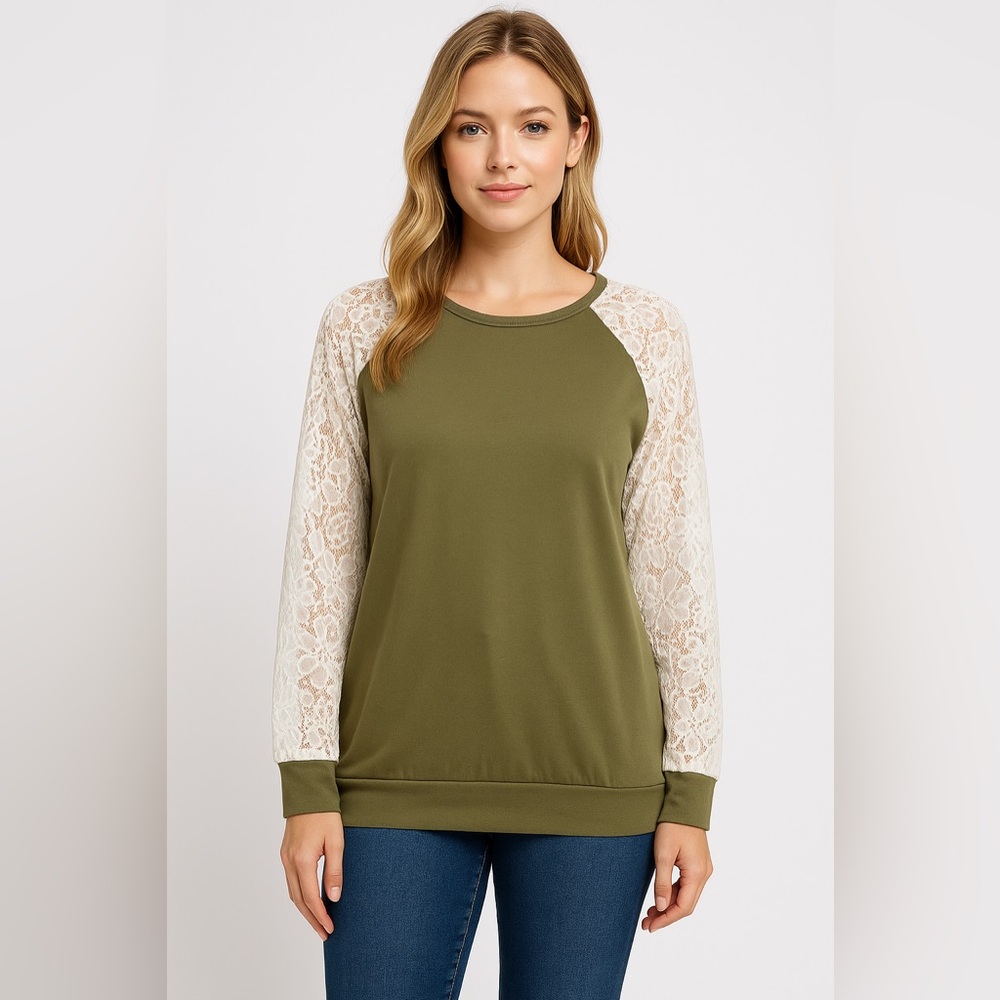 Heimish USA Olive Green Long Sleeve Lace Top Women’s Large |‎ Boho Chic Pullover